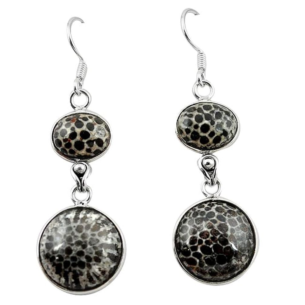 Natural black stingray coral from alaska 925 silver dangle earrings k91130