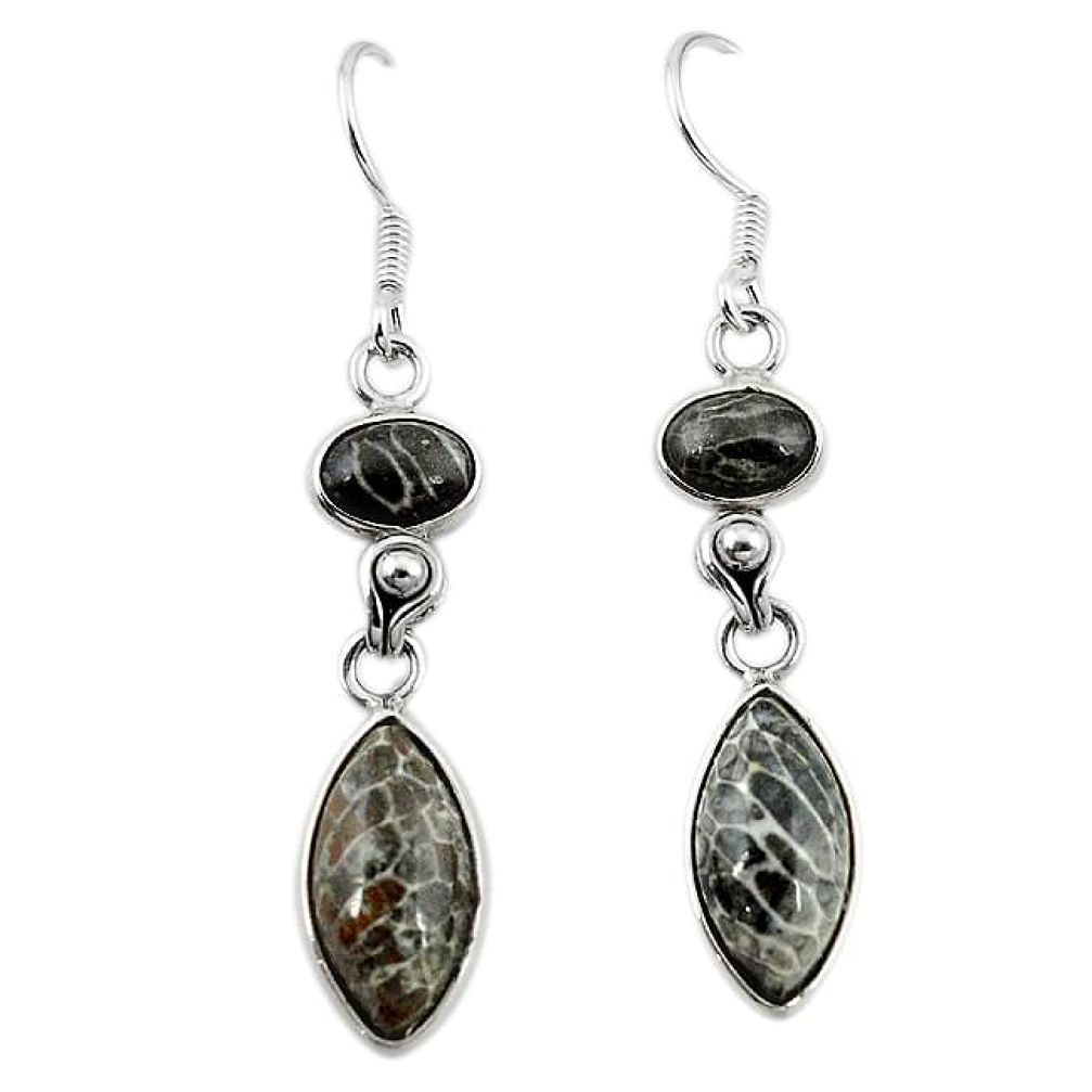 Natural black stingray coral from alaska 925 silver dangle earrings k91131