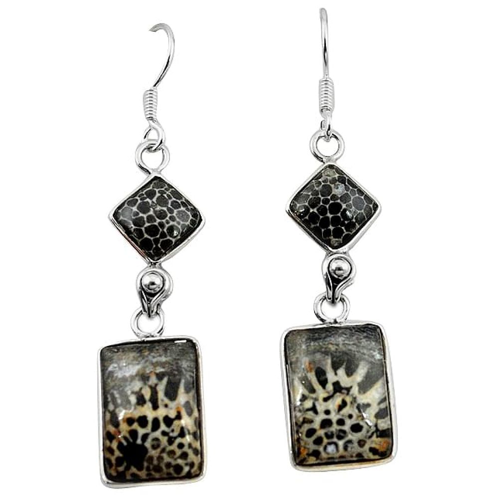 Natural black stingray coral from alaska 925 silver dangle earrings k91133