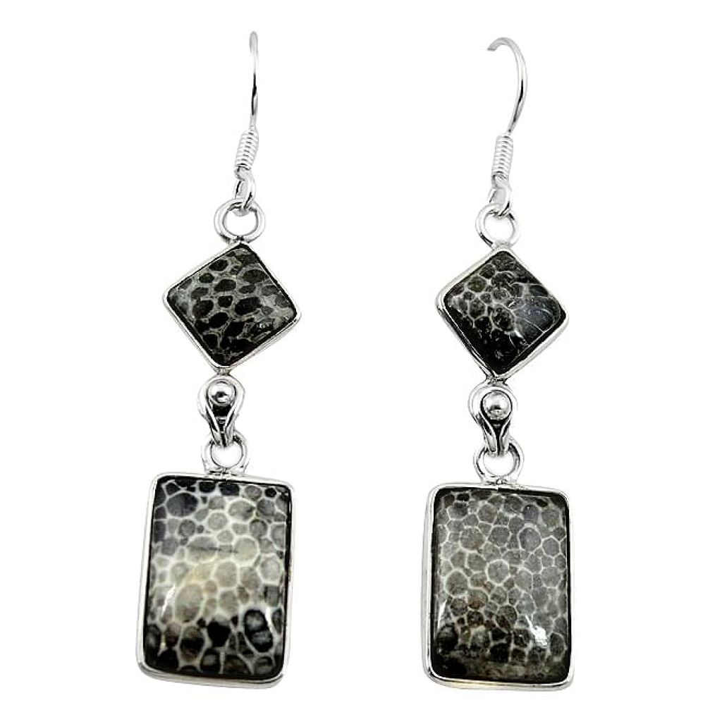 Natural black stingray coral from alaska 925 silver dangle earrings k91137