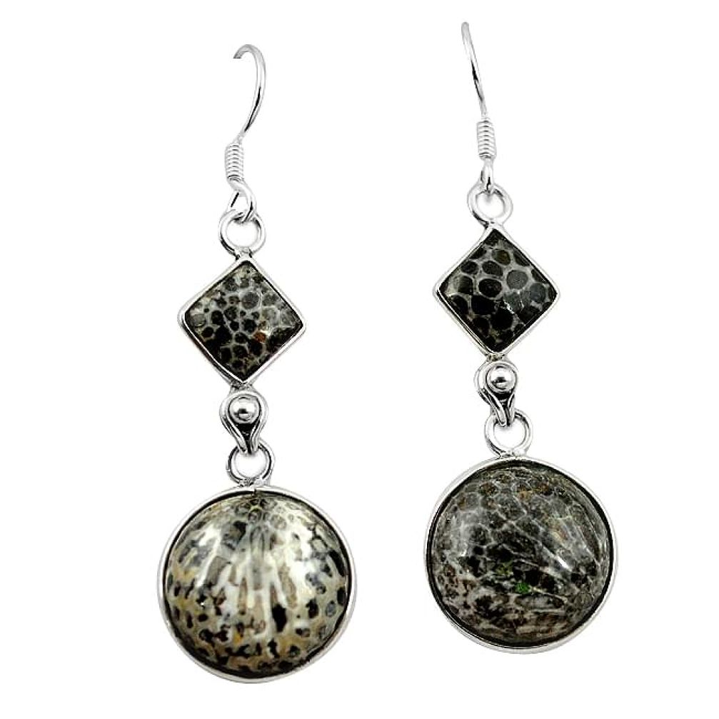 Natural black stingray coral from alaska 925 silver dangle earrings k91138