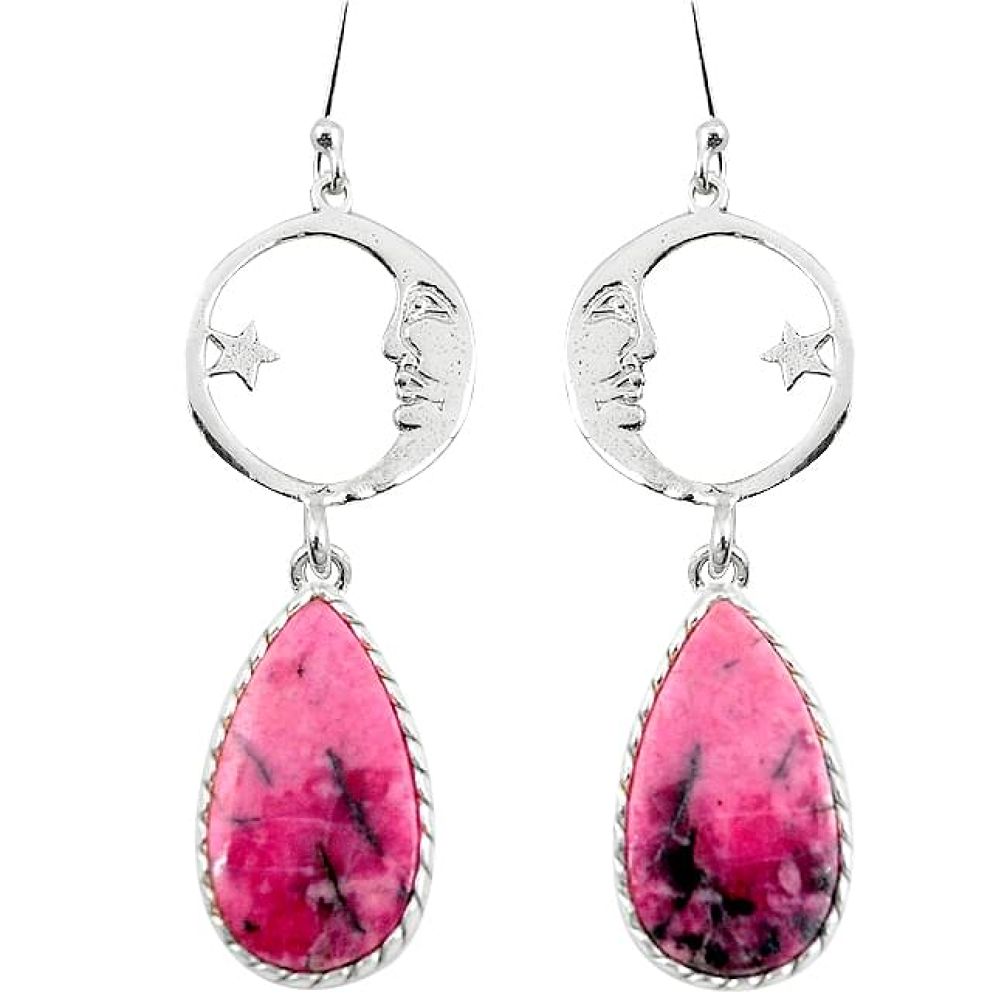 Pink rhodonite in black manganese 925 silver crescent moon star earrings k94009