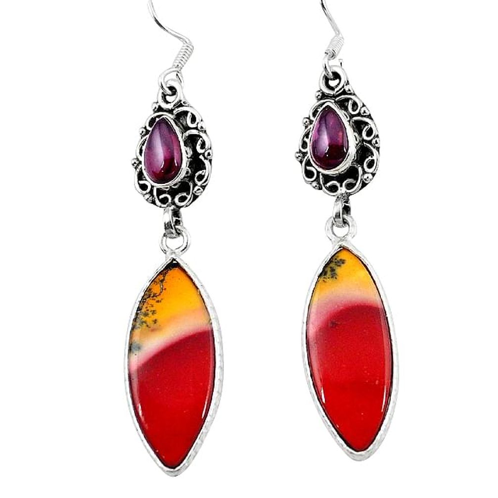 Natural brown mookaite red garnet 925 silver dangle earrings jewelry k94283