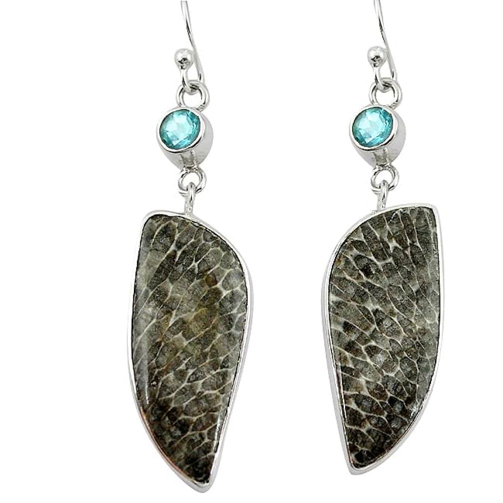 Natural black stingray coral from alaska 925 silver dangle earrings k96407