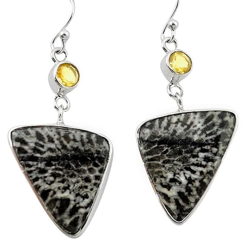 Natural black stingray coral from alaska 925 silver dangle earrings k96419