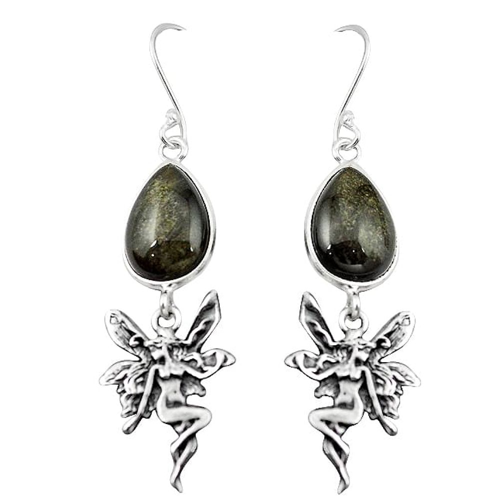 Natural golden sheen black obsidian 925 silver angel wings fairy earrings k96562