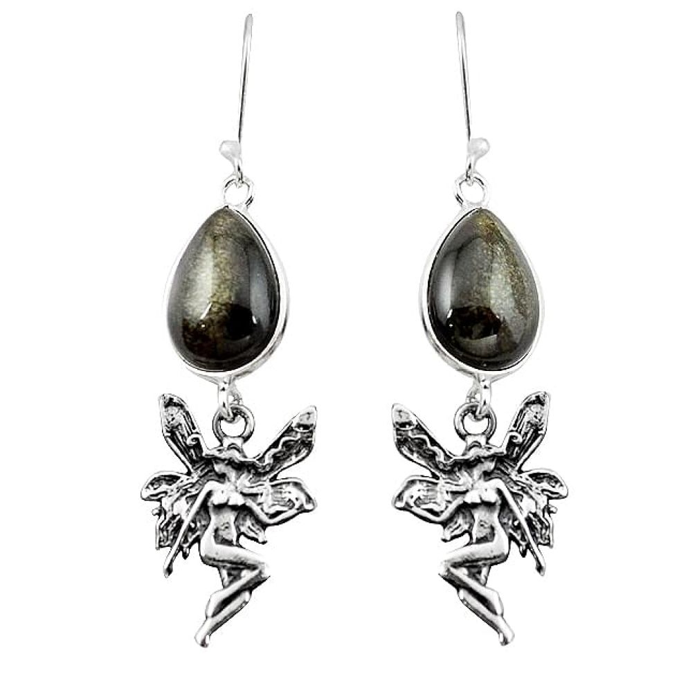 Natural golden sheen black obsidian 925 silver angel wings fairy earrings k96563