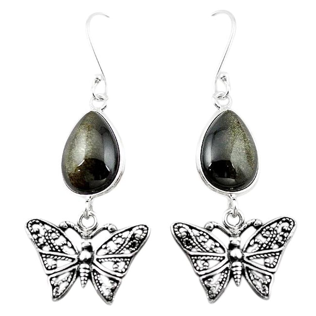 Natural golden sheen black obsidian 925 silver butterfly earrings k96577