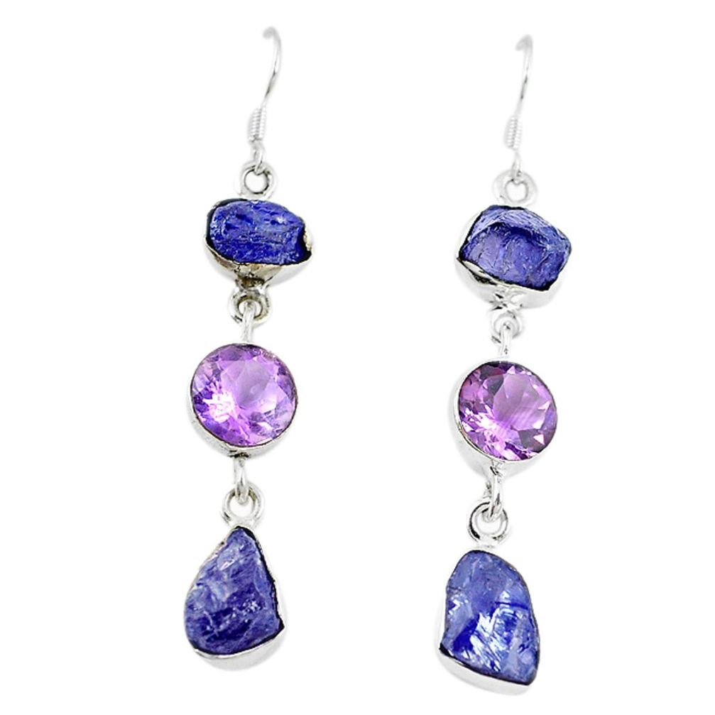 Natural blue iolite rough amethyst 925 sterling silver earrings m11099