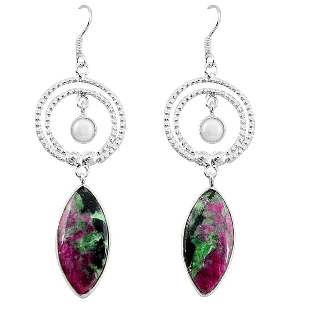 925 silver natural pink ruby zoisite white pearl dangle earrings jewelry m1720