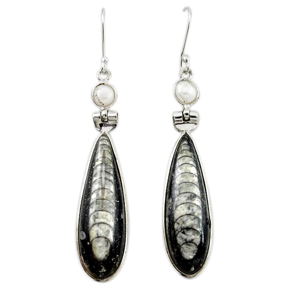 925 silver natural black orthoceras white pearl dangle earrings m20224