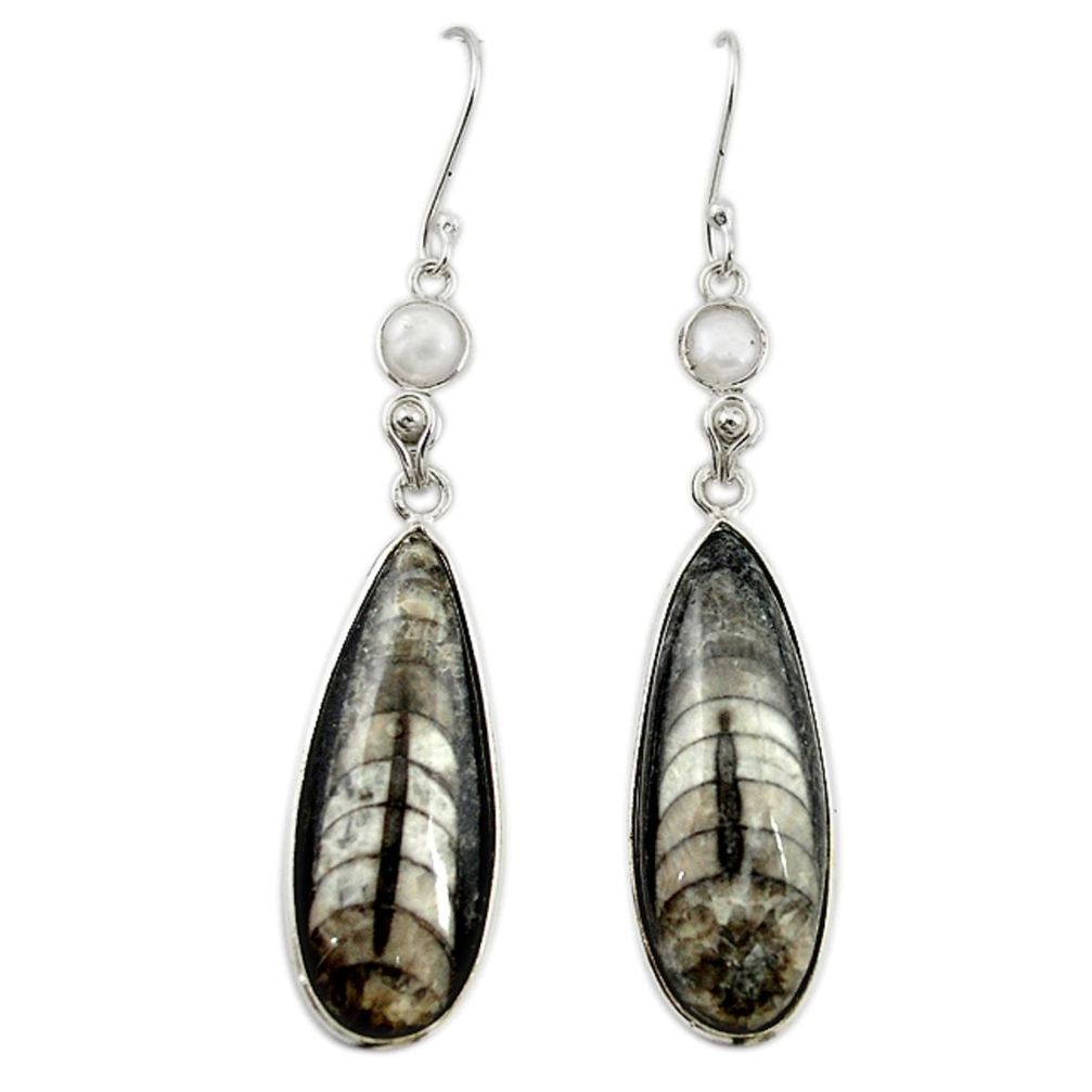 Natural black orthoceras pearl 925 silver dangle earrings jewelry m20227