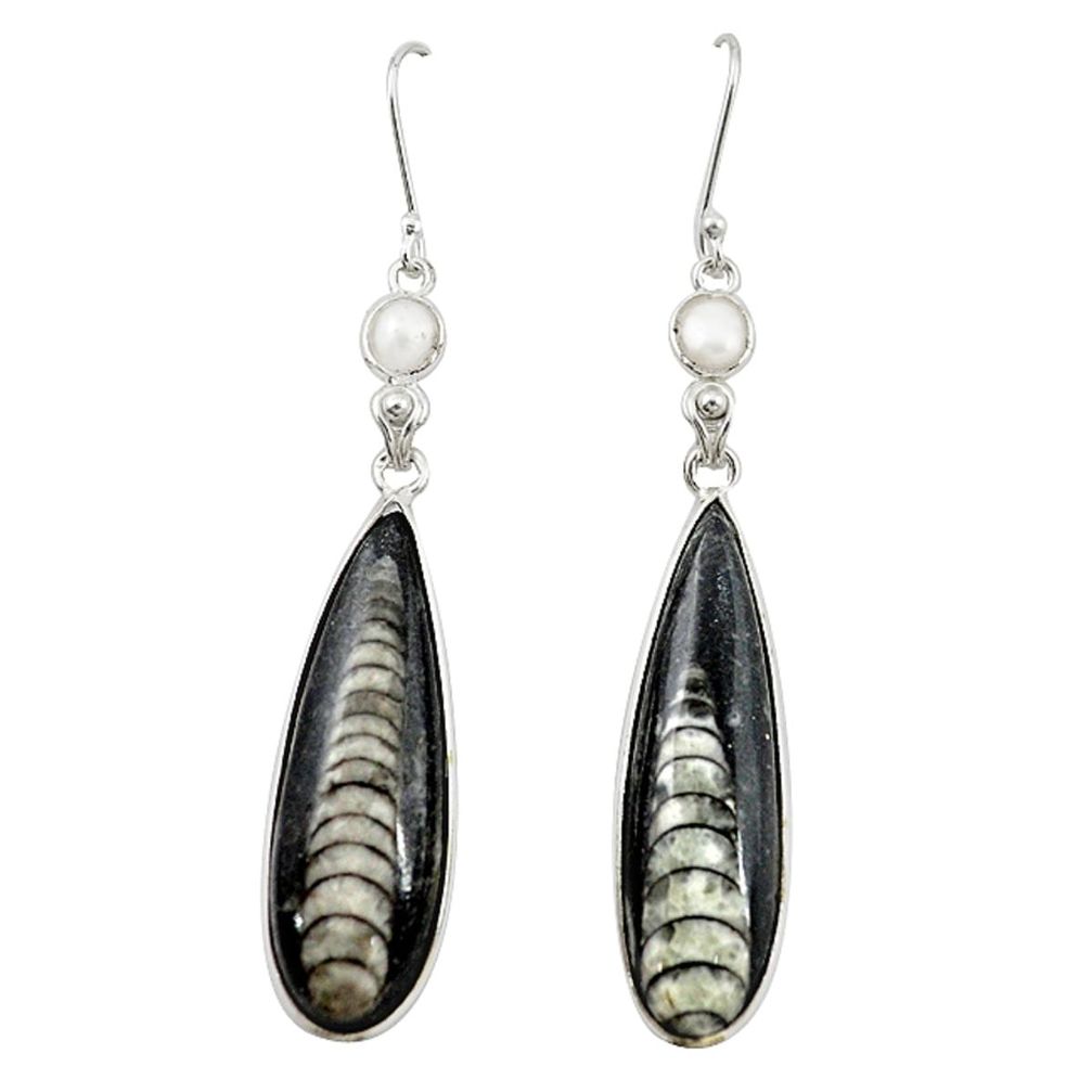 Natural black orthoceras white pearl 925 silver dangle earrings m20234