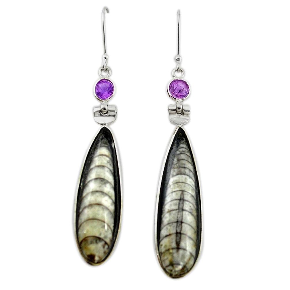 Natural black orthoceras purple amethyst 925 silver dangle earrings m20238