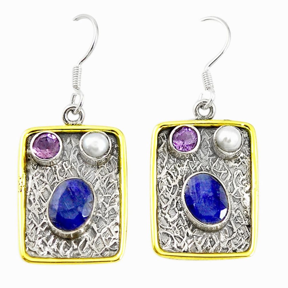 Natural blue sapphire 925 sterling silver two tone dangle earrings m21028