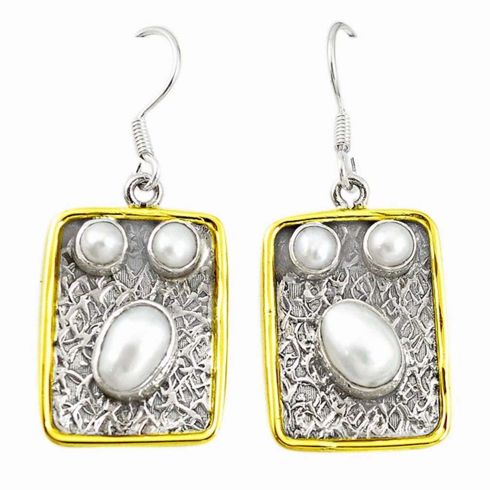 Natural white pearl 925 sterling silver two tone dangle earrings jewelry m21030