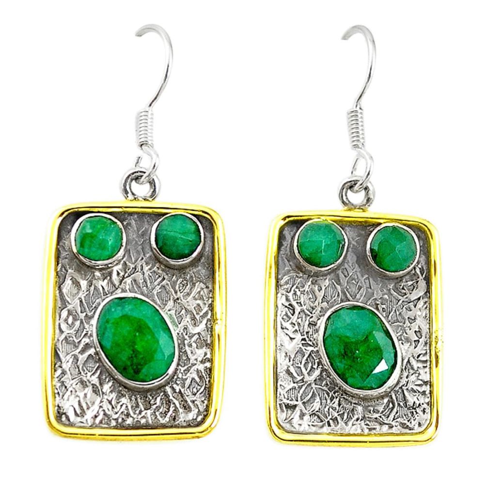 Natural green emerald 925 silver two tone dangle earrings jewelry m21038