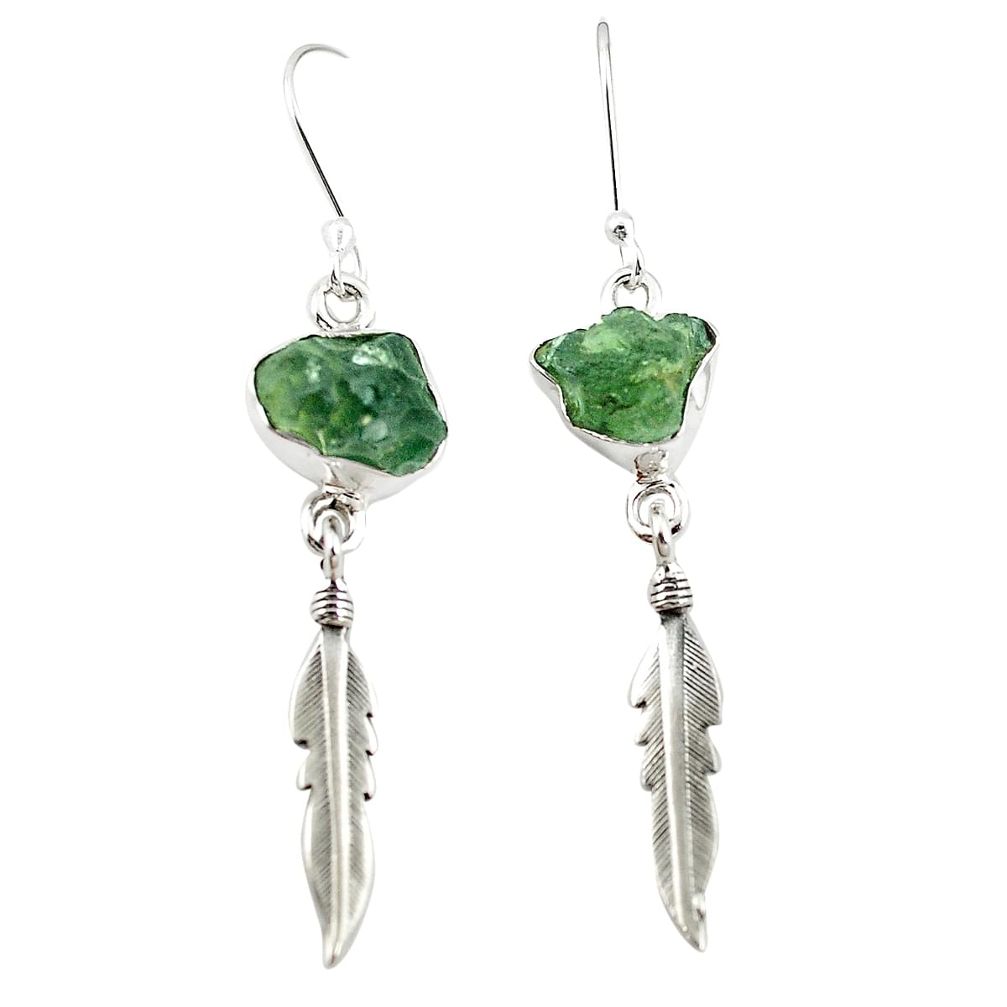 Natural green moldavite (genuine czech) 925 silver dangle earrings m25023