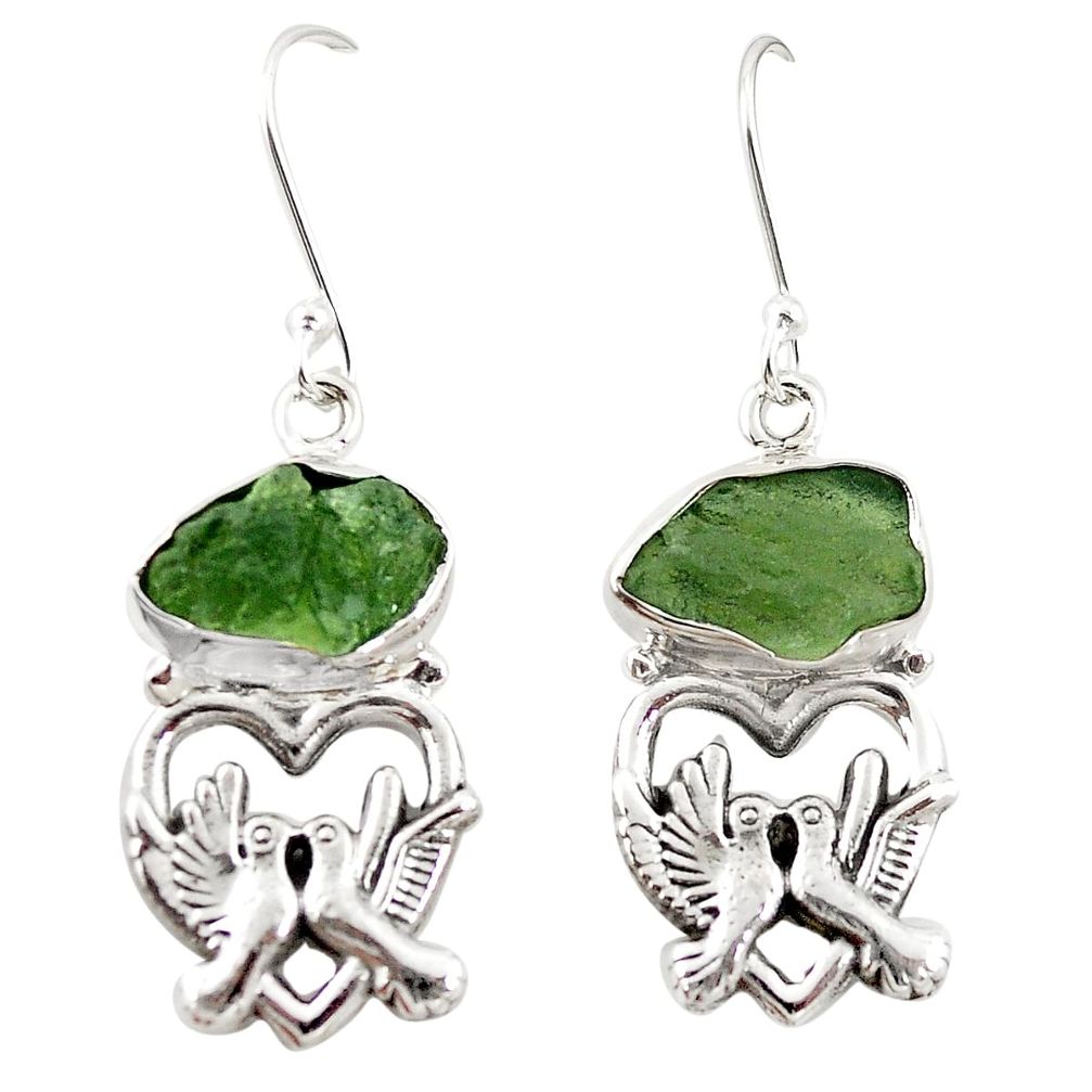 Natural green moldavite (genuine czech) 925 silver love birds earrings m25030