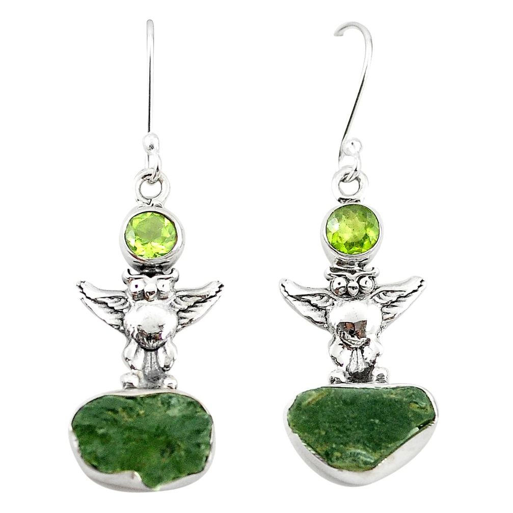 Natural green moldavite (genuine czech) 925 silver owl earrings m25072
