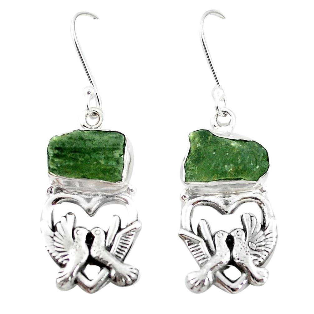 Natural green moldavite (genuine czech) 925 silver love birds earrings m25078