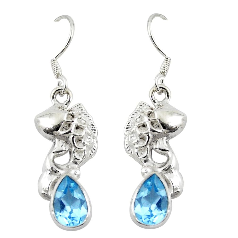 Natural blue topaz 925 sterling silver fish earrings jewelry m26228