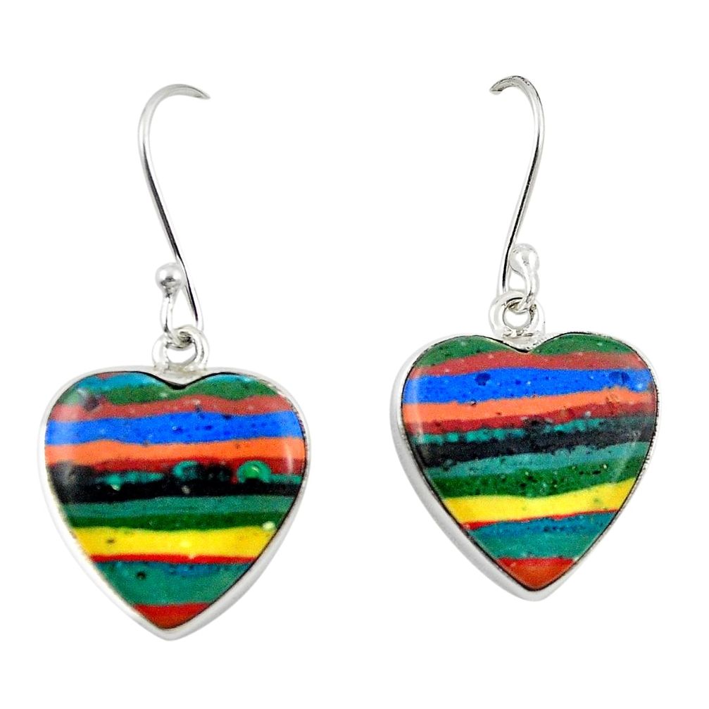 Natural multi color rainbow calsilica 925 silver dangle heart earrings m26232