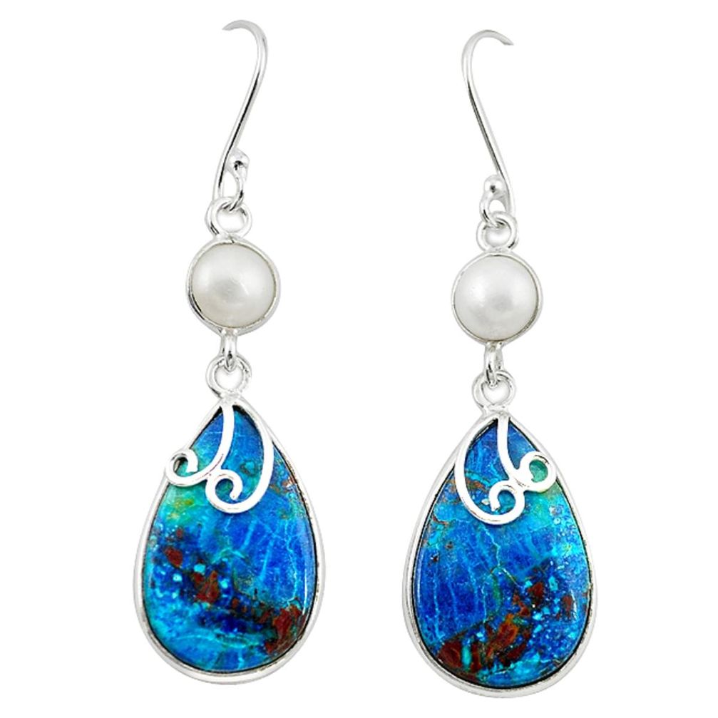 Natural blue shattuckite pearl 925 sterling silver dangle earrings m3147