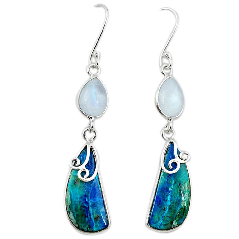 Natural blue shattuckite moonstone 925 silver dangle earrings m3159
