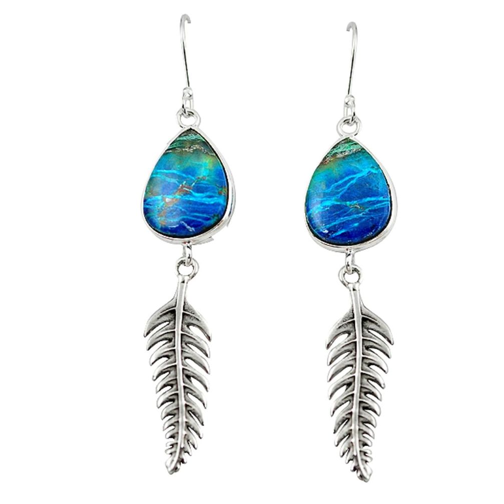Natural blue shattuckite 925 sterling silver dangle leaf earrings m3219