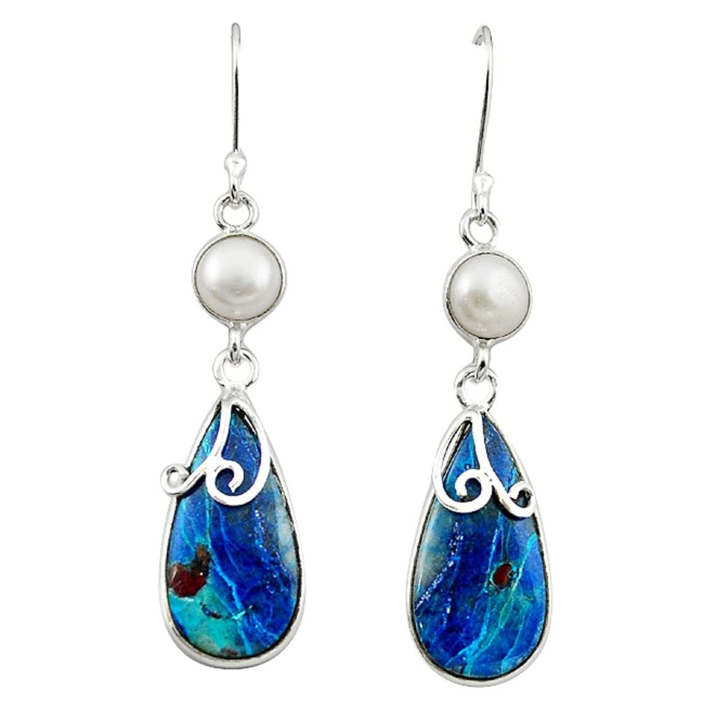 925 sterling silver natural blue shattuckite pearl dangle earrings m3370