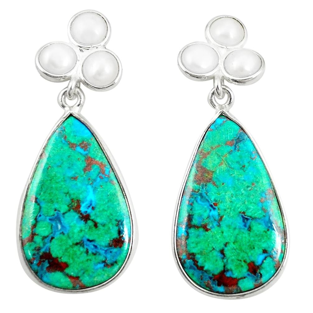 Natural green chrysocolla pearl 925 silver dangle earrings jewelry m35637