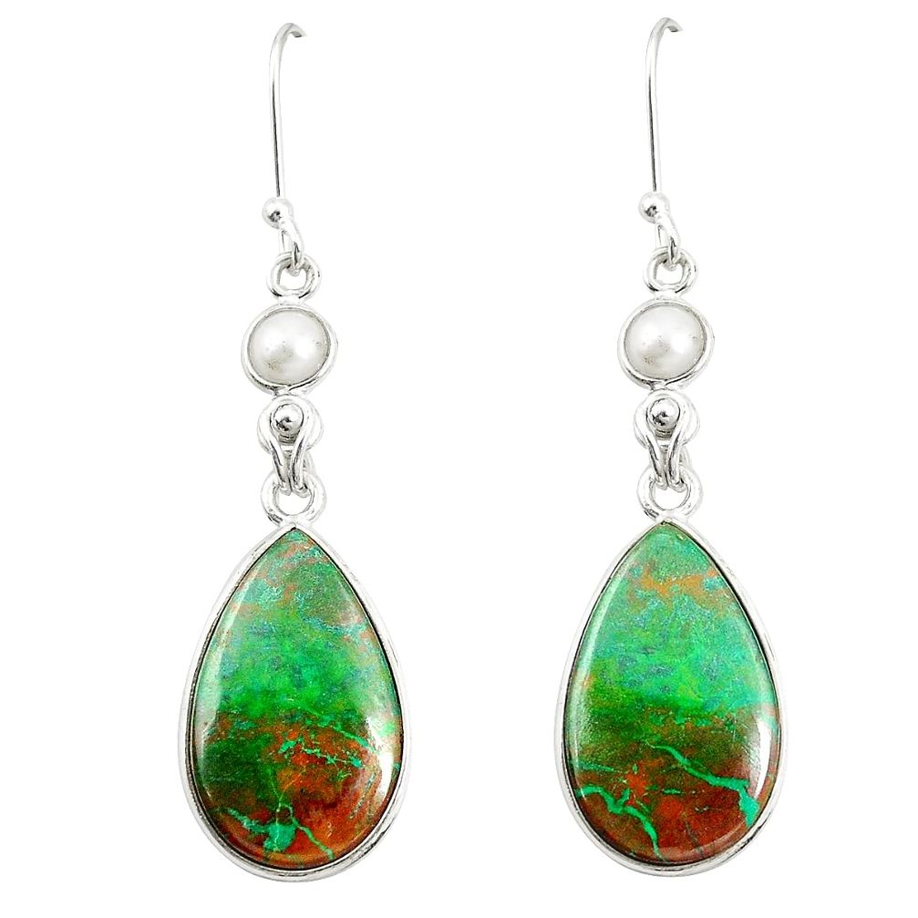 Natural green chrysocolla white pearl 925 silver dangle earrings jewelry m35640