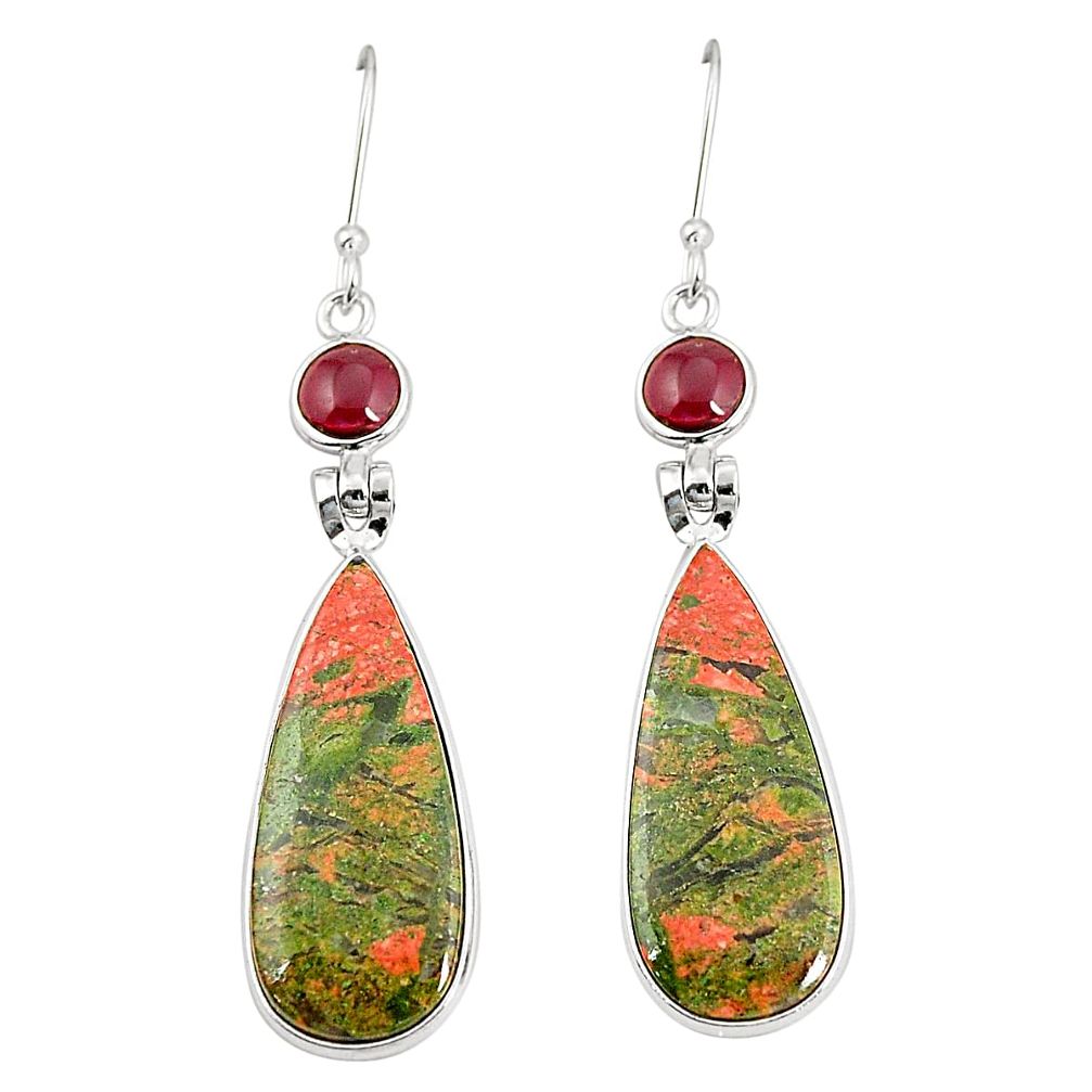 Natural green unakite garnet 925 sterling silver dangle earrings m36353