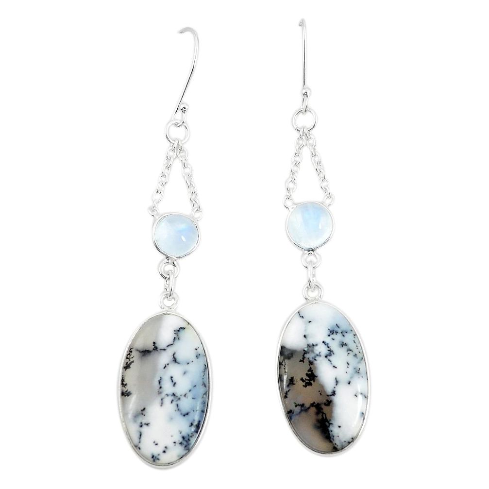 Natural white dendrite opal (merlinite) 925 silver dangle earrings m36407