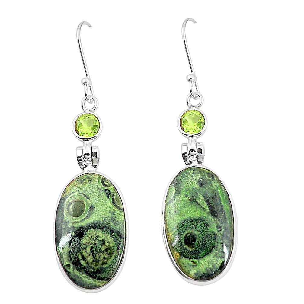 Natural green kambaba jasper (stromatolites) 925 silver dangle earrings m36433
