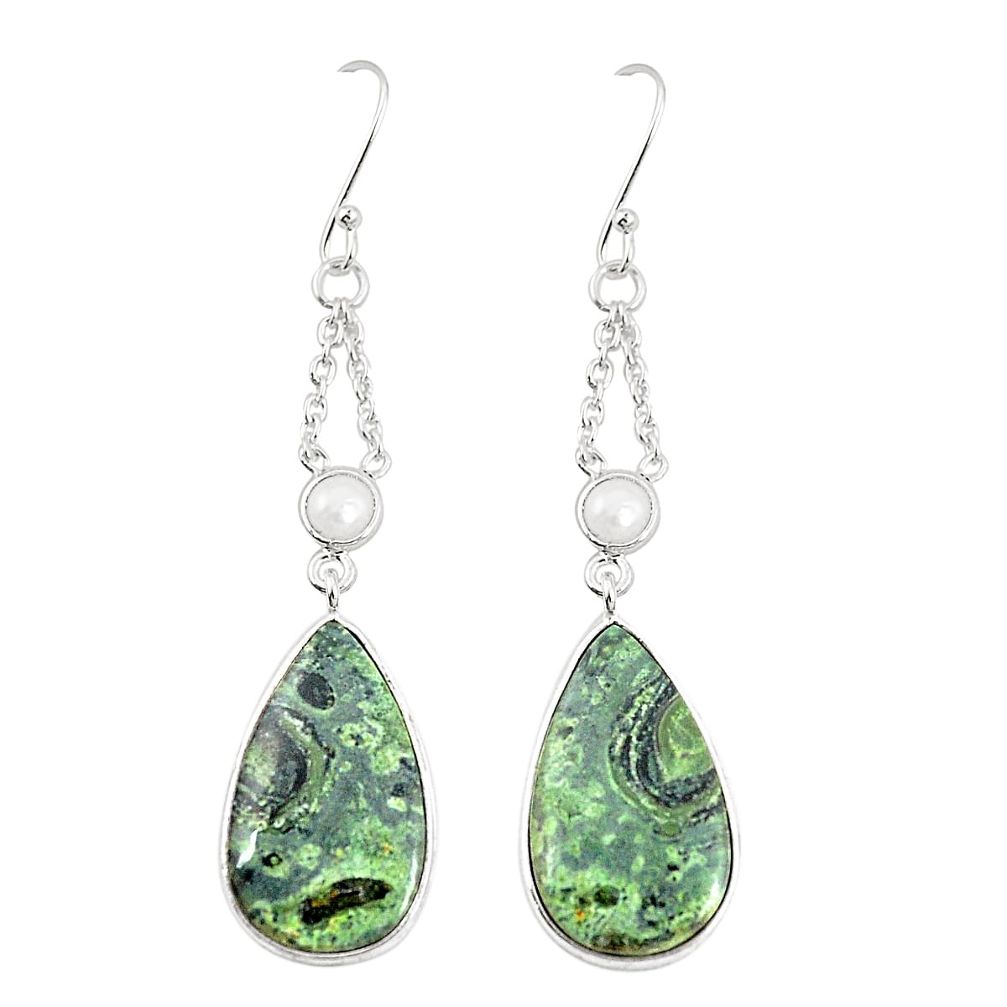 Natural green kambaba jasper (stromatolites) 925 silver dangle earrings m36434