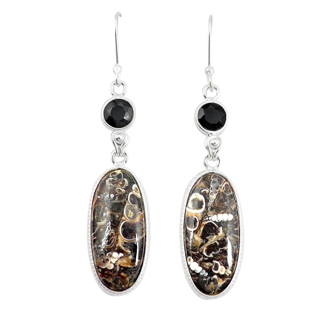 Natural brown turritella fossil snail agate 925 silver dangle earrings m36571