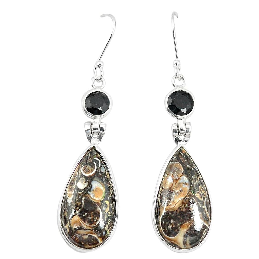 Natural brown turritella fossil snail agate 925 silver dangle earrings m36572