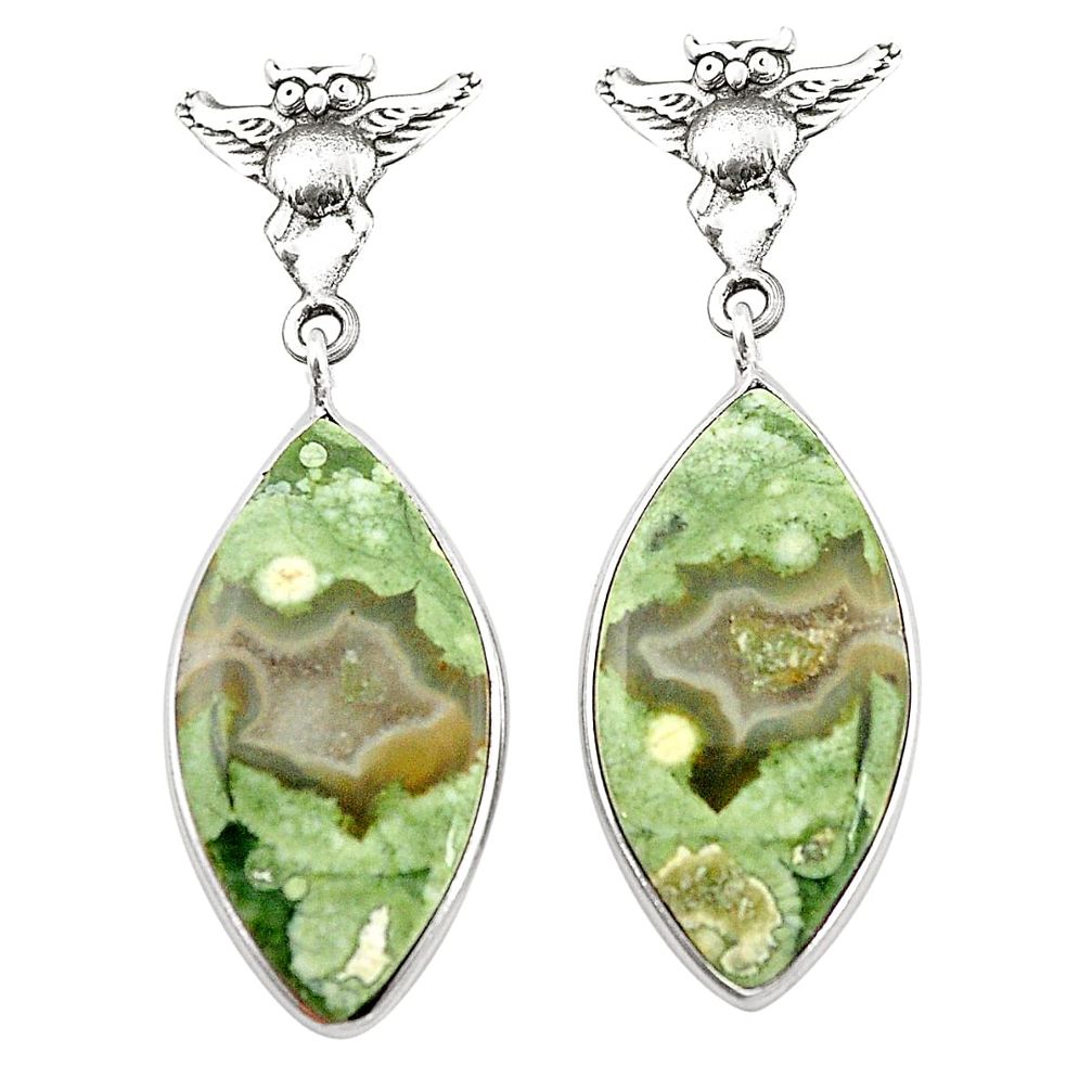 Natural green rainforest rhyolite jasper 925 silver owl earrings m36901