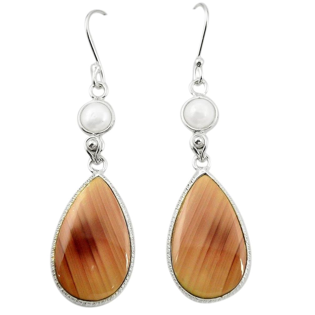 Natural brown imperial jasper white pearl 925 silver dangle earrings m36929