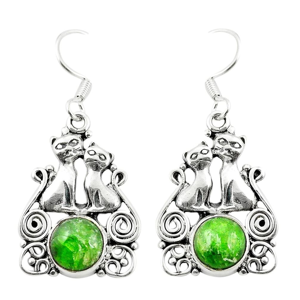 Natural green chrome diopside 925 silver two cats earrings m36974