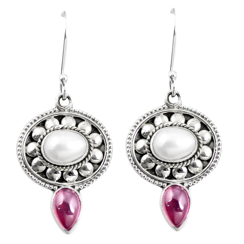 Natural white pearl garnet 925 sterling silver dangle earrings jewelry m38446