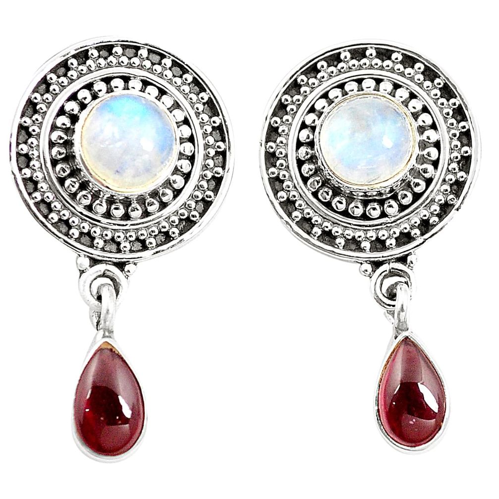 925 silver natural rainbow moonstone red garnet dangle earrings m38517