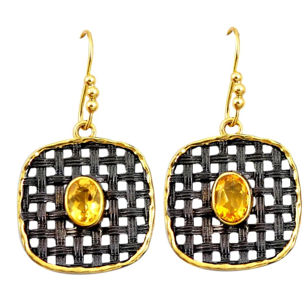 Natural yellow citrine rhodium 925 silver 14k gold dangle earrings m38923