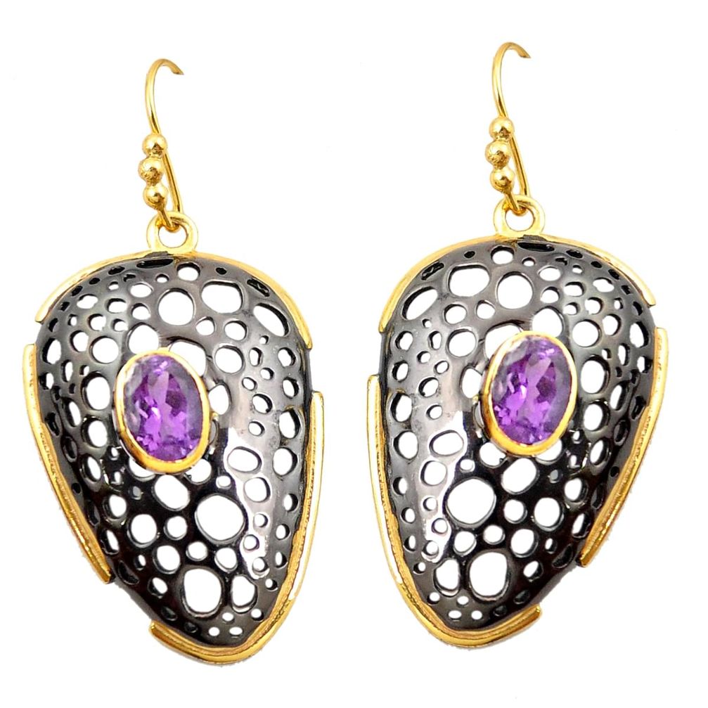 Natural purple amethyst rhodium 925 silver 14k gold dangle earrings m38991