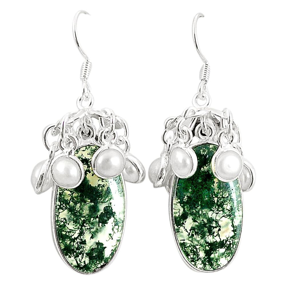 Natural green moss agate white pearl 925 silver dangle earrings m39022