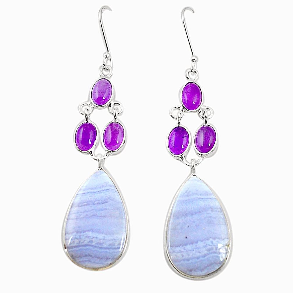 Natural blue lace agate amethyst 925 silver dangle earrings jewelry m39067