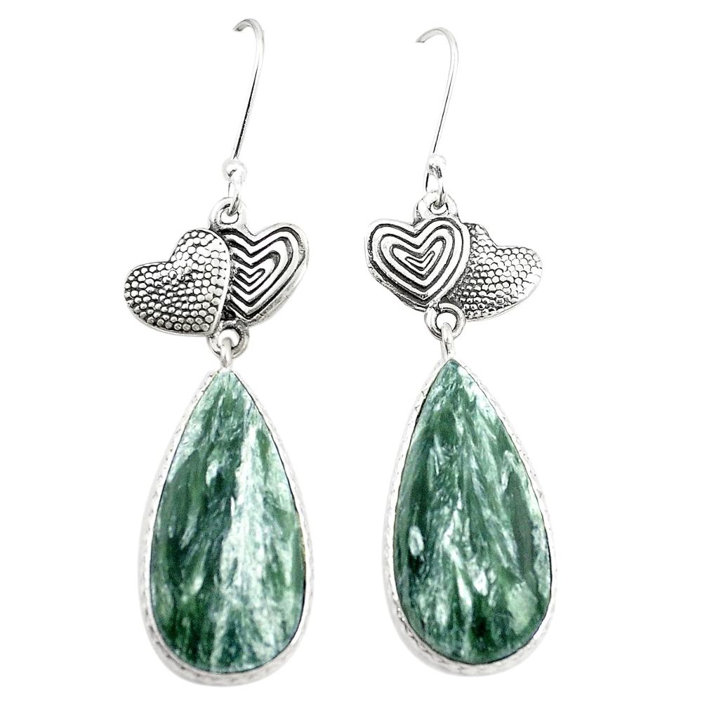 Natural green seraphinite (russian) 925 silver couple hearts earrings m39085