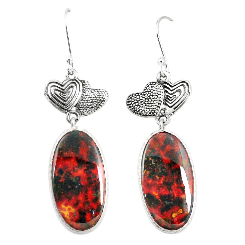 Natural bloodstone african (heliotrope) 925 silver couple hearts earrings m39086